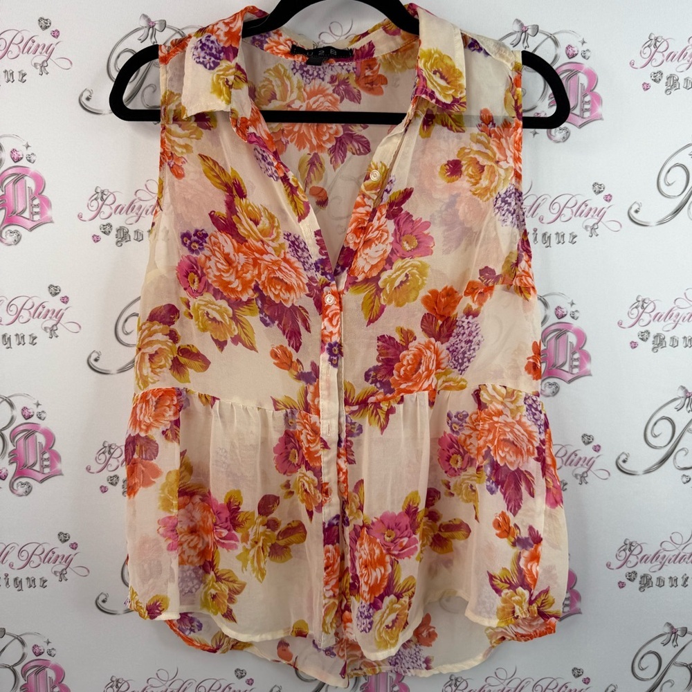 U2B tank top blouse bright neon flowers Vibrant Floral Button-Up Blouse